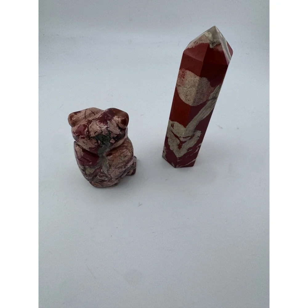 Red Jasper Crystal Set Hand Carved Owl Figurine and Polished Tower Point 2pc